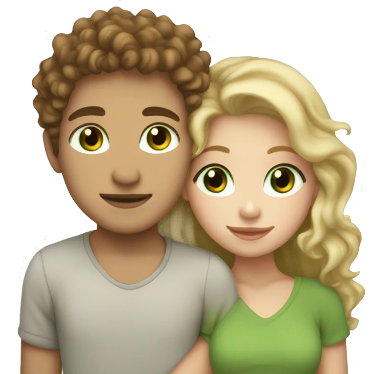 blonde haired green eyed girl cuddling boy with brown curly hair and freckles emoji