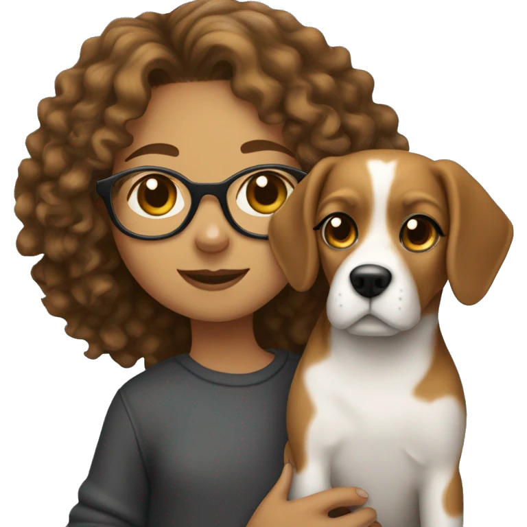 A curly-haired girl with glasses holds a beagle dog emoji