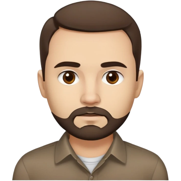 Close-up of René Monclova with light skin tone, round face, broad cheekbones. Lively dark brown eyes, thick straight eyebrows. Short messy brown hair with slight receding hairline. Untidy brown beard covering jaw. Wearing a dark collared shirt. emoji