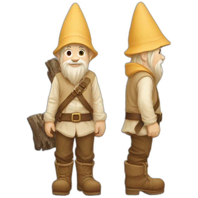 side view of gnome with light tan pants and light tan boots squatting in front of small brown log emoji