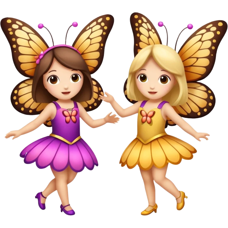 two girls dressed as cute moth and butterfly dancing emoji