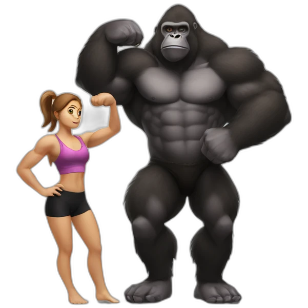 Big buff Gorilla holding a beautiful girl with a big back doing exercises emoji