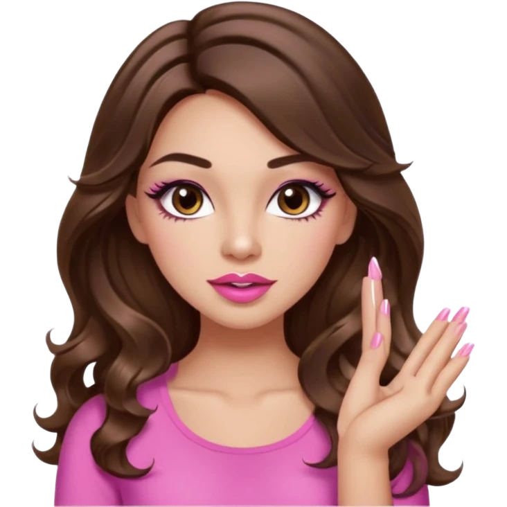 girl with long wavy brown hair, brown eyes, light to medium complexion, in a pink sexy top, pink puckered lips, long lashes, showing a manicure emoji