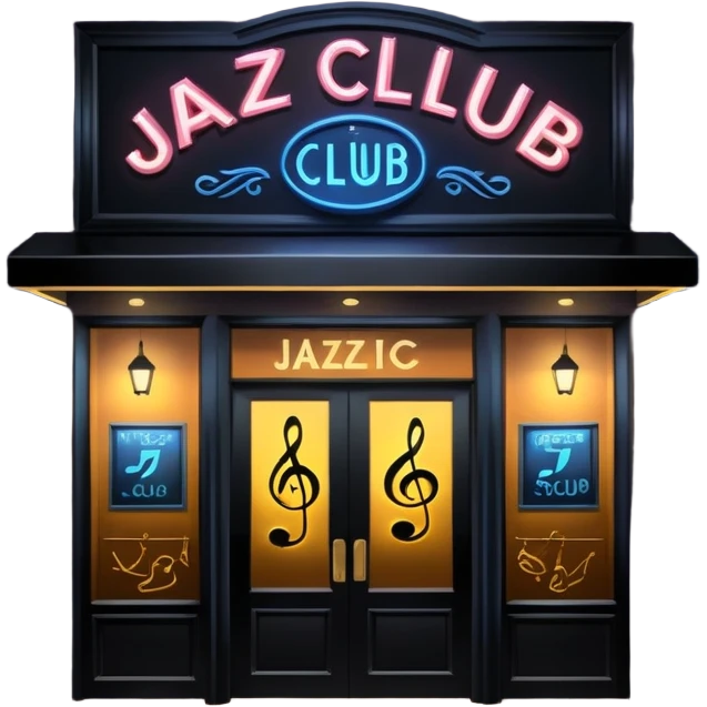 jazz club entrance at night with glowing sign and music notes emoji