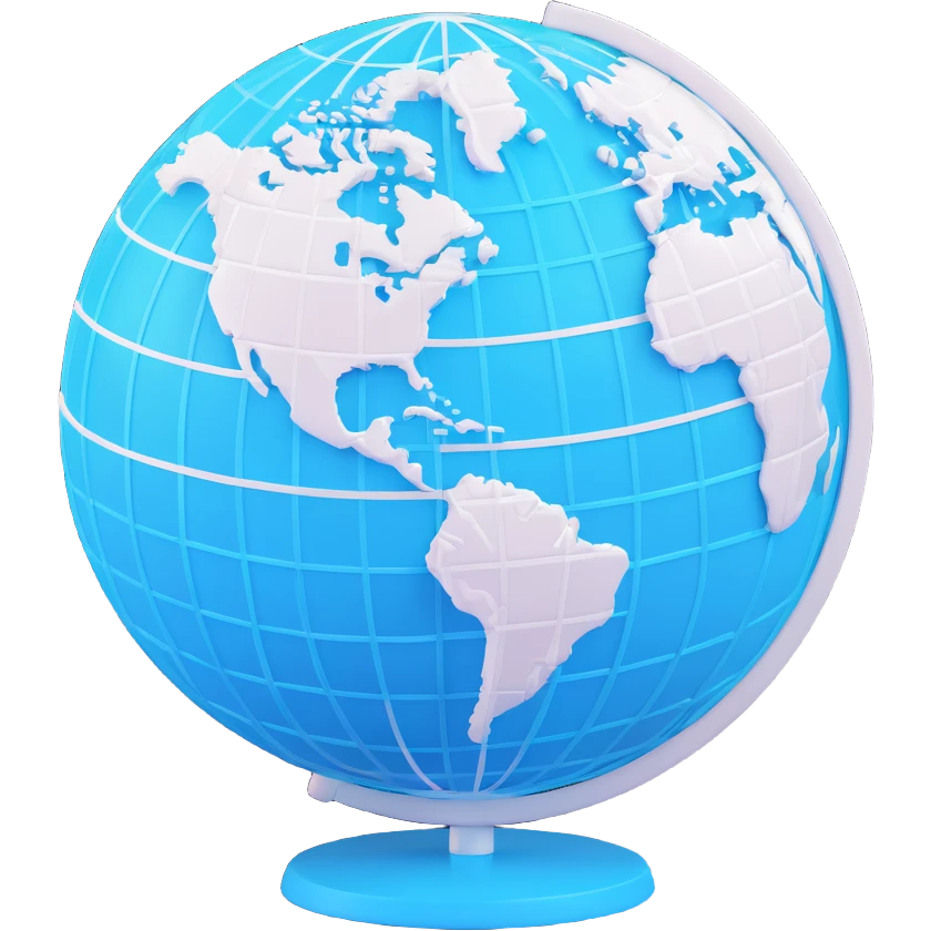 3D cyan globe icon with white land, modern style, with grid lines, minimal shadow emoji