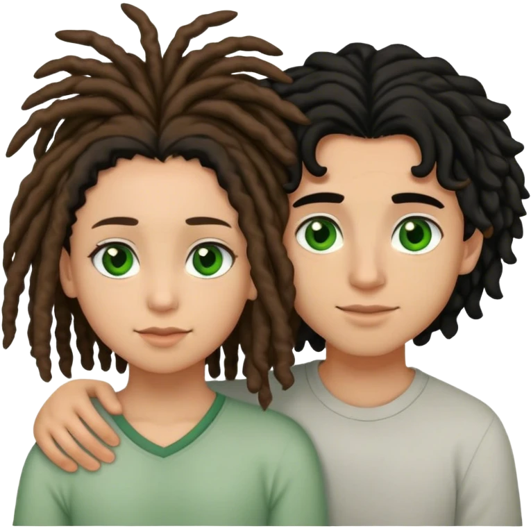 couple holding eachother. the boy is light skinned, short brown dreads, and green eyes. the girl is light skinned, curly black hair, and brown eyes emoji