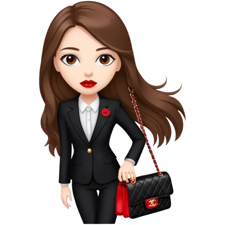 White girl with brown long hair dressed up in black chanel suit with a red chanel bag and red lipstick emoji