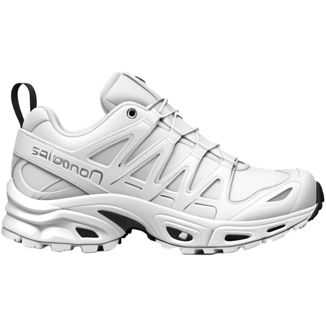 Totally white Salomon XT-6 sneakers with absolutely no color accents, clean white monochrome design, one shoe behind the other, simplified iOS emoji style emoji