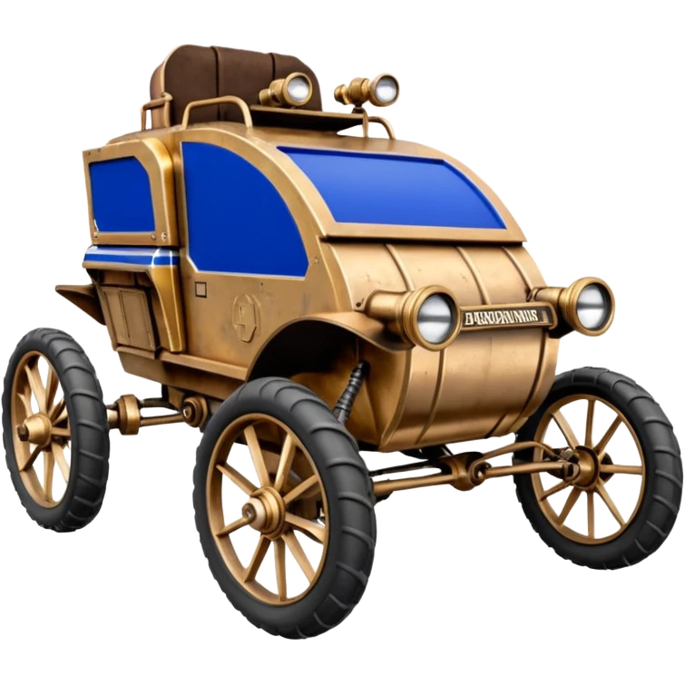 Old American West tarnished R2D2 C-3PO bounty hunter 1854 delicately ornate rosegold accents painted dune buggy buckboard wagon powered by electric motors and batteries with safety features and belts flying rapidly across rough dusty terrain stable on strong agile steampunk suspension and steering  emoji