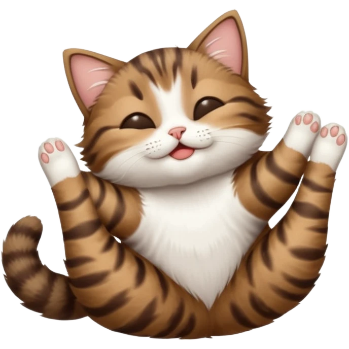 dark brown tabby and white small cat in funny positions upside down with eyes closed emoji