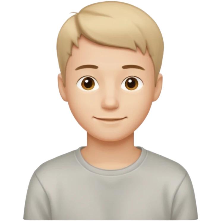Молодой мужчина с короткой стрижкой, лёгкая улыбка, простая футболка или свитшот нейтрального цвета, образ современный и открытый. emoji