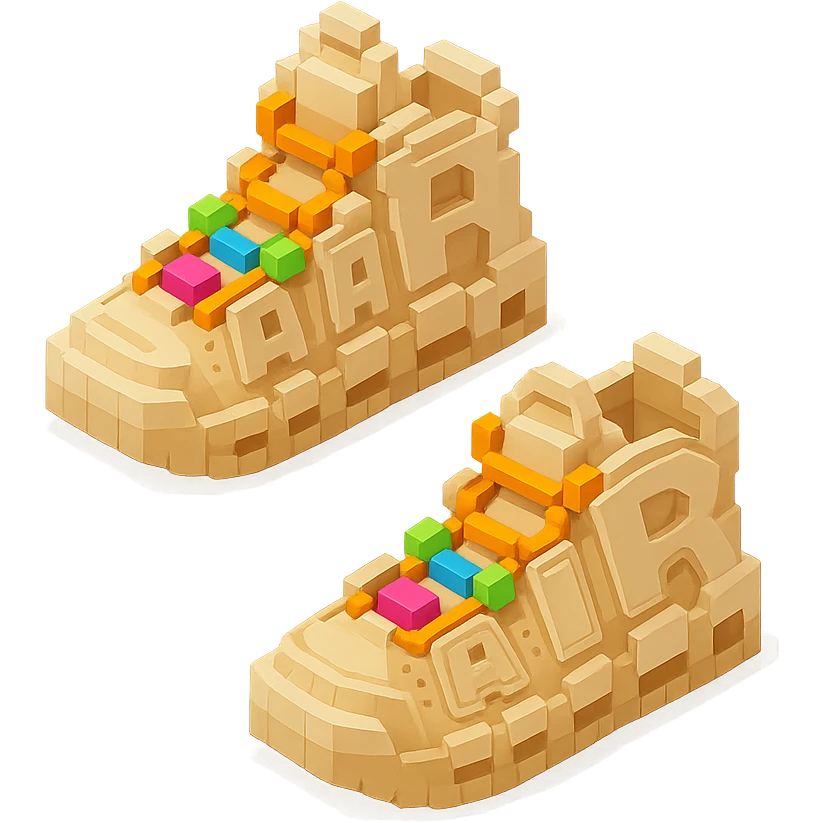 two pairs of Nike Air More Uptempo sneakers in beige with colorful beads on the laces emoji