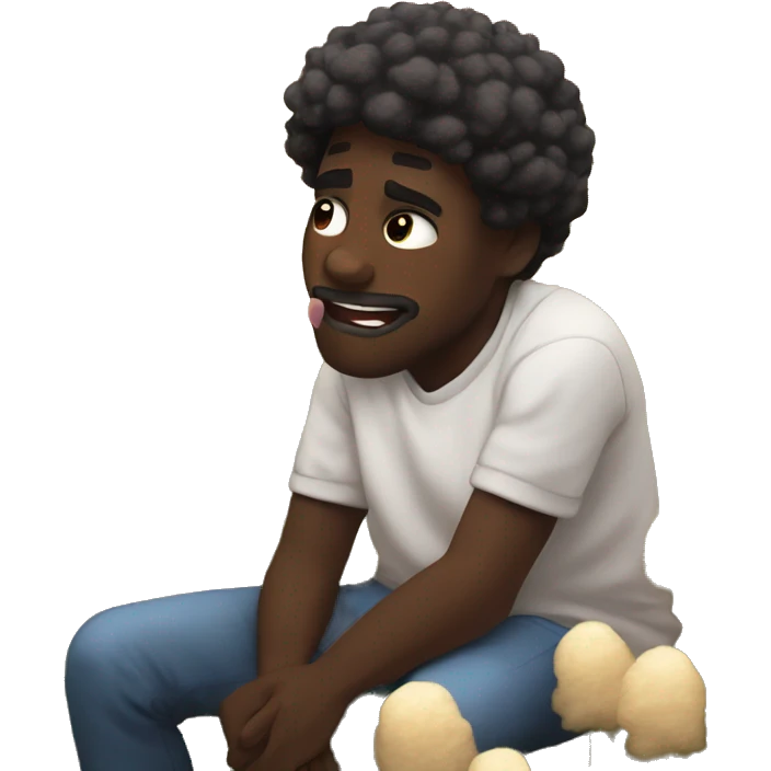 a black man eating white cotton candy crying because he loves it so much. he is sitting in a mustard field with warm sunset gracing the scene emoji