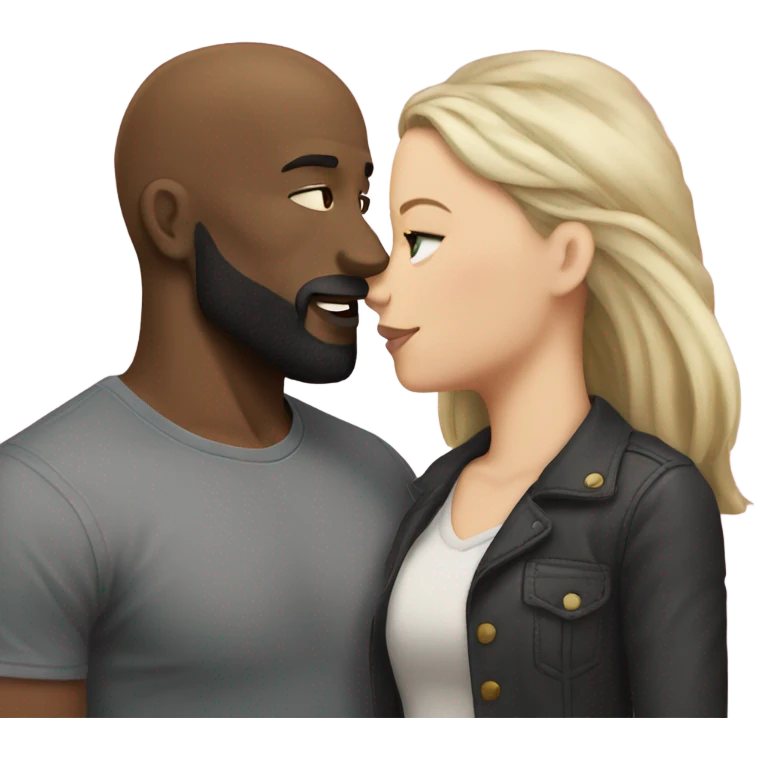 White girl dark hair kissing muscular black bald man with beard emoji