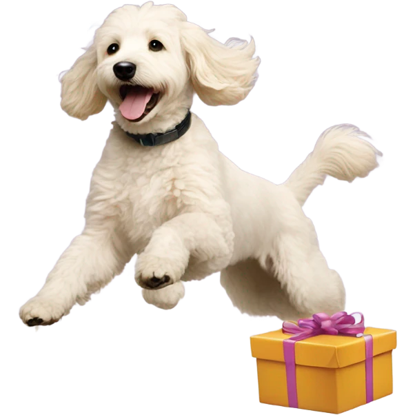 white goldendoodle jumping birthday present  emoji