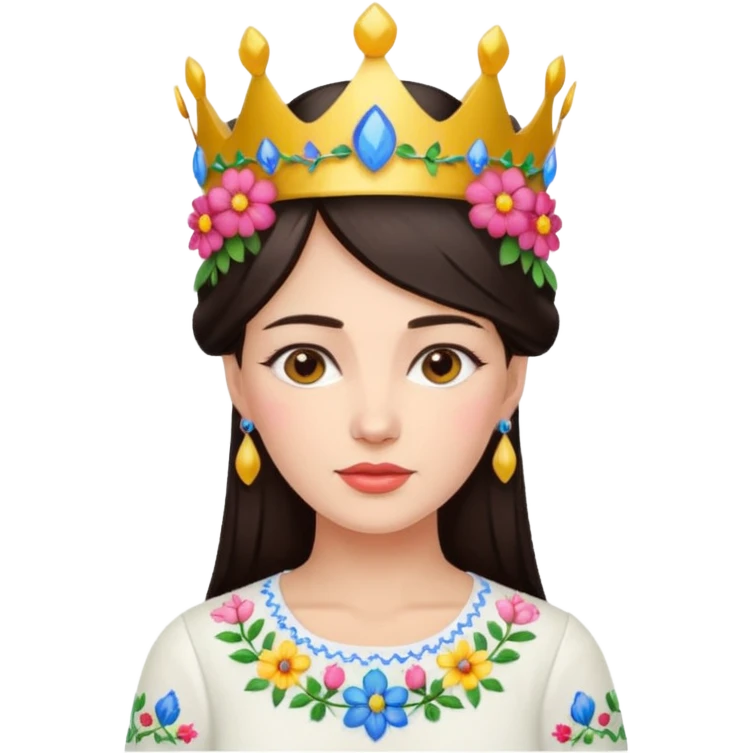 Ukrainian woman in a white embroidered shirt with dark hair and a crown of flowers on her head emoji