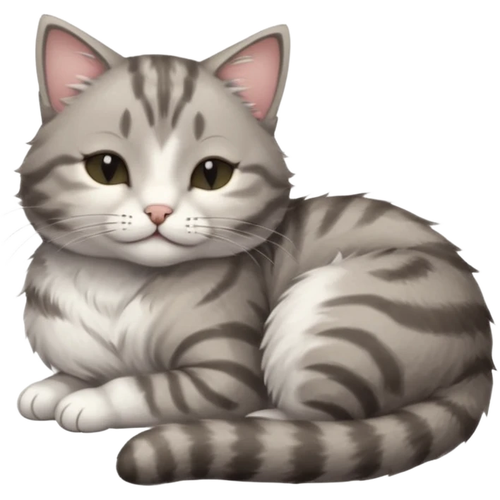 1 grey and white small cat with its eyes closed lying down leaning on his elbow with his paw curled under his head holding it up emoji