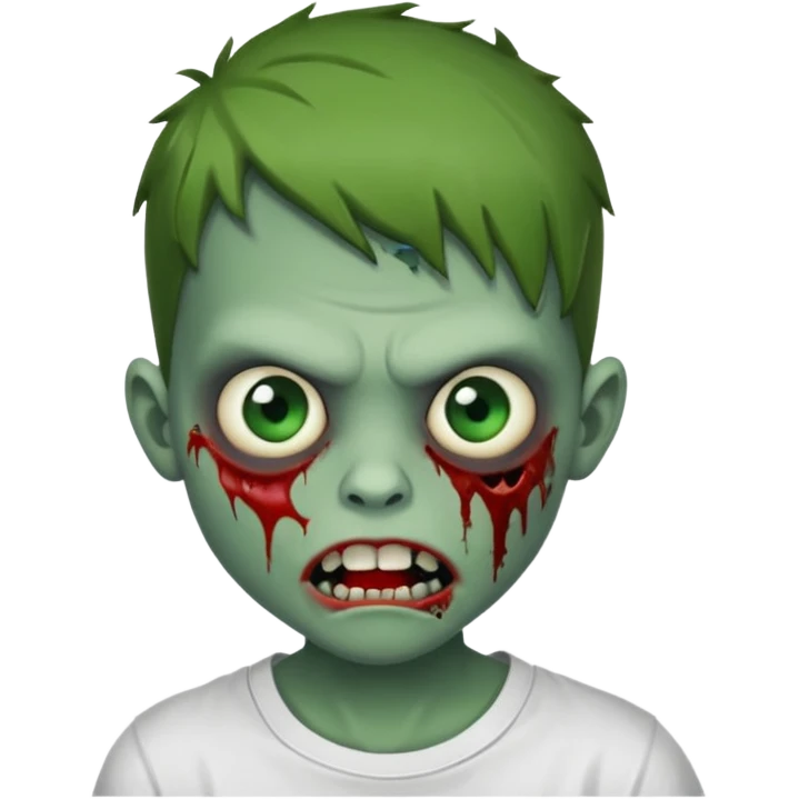 Faça um menino zumbi com a boca meio torta com machucado fo lado da boca camisa branca emoji