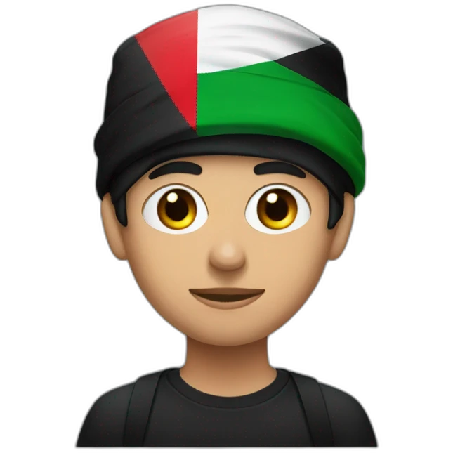 young man wearing a black hat and black mask, headband with Palestinian flag emoji