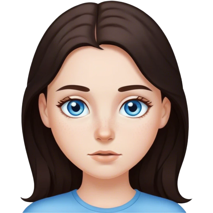 A white girl blue eyes long dark brown hair and freckles  emoji
