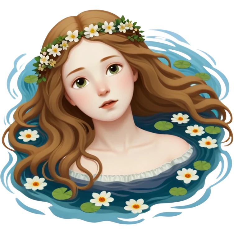 Ophelia floating in water surrounded by flowers, based on the famous painting by John Everett Millais emoji