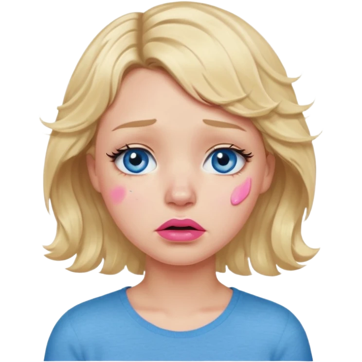 Girl Blonde short wavy hair,  blue eyes, cute blue top, long lashes, pink lips,crying with big tears running down the face  emoji