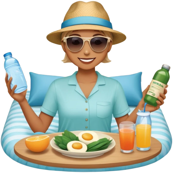 A person in the sun, with a plate of whole foods, water bottle, and glowing bed behind them. Nearby, smiling friends gather—symbolizing balance, healing, and connection through simple daily rituals. emoji