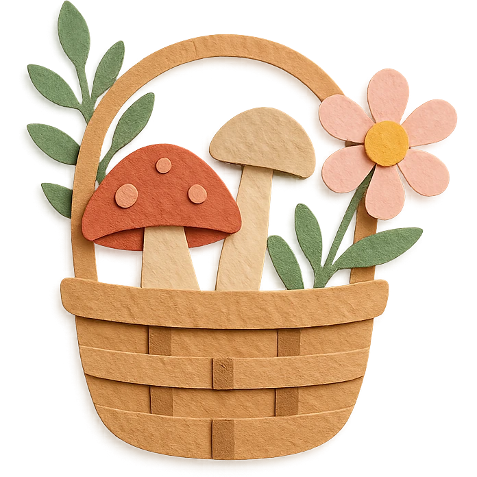 basket full of forest goodies including mushrooms, herbs, flowers in soft pastel colors, paper-craft style emoji