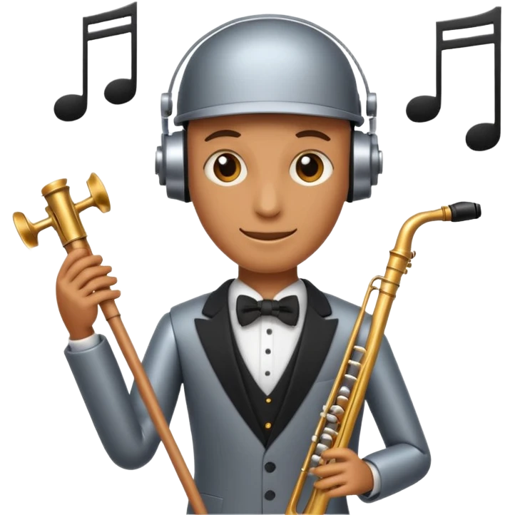 robot a sophisticated and elegant emoji that represents orchestration and arrangement. The design should feature a conductor’s baton, musical notes, and a symphonic score, symbolizing the process of arranging and orchestrating music. Incorporate instruments like a violin, trumpet, emoji