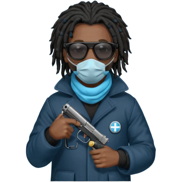African American man with shoulder length black dreadlocks  wearing black sunglasses wearing a black bubble winter coat wearing a blue hospital mask covering mouth and nose  holding a pistol gun in hand emoji