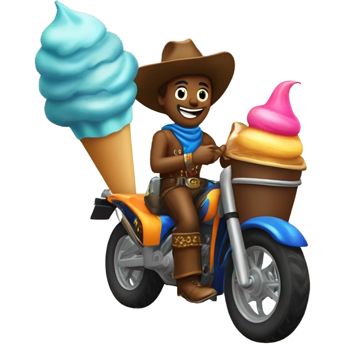 Cowboy eating ice cream riding a rocket emoji