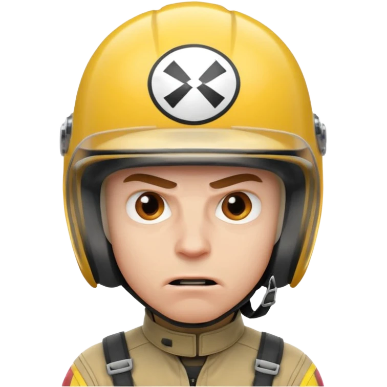 white male racer in helmet, crazy look, taking risks, very serious face, angry emoji