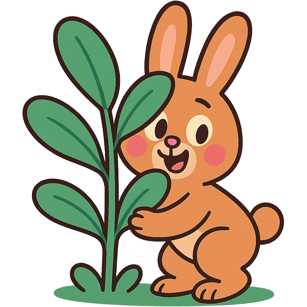 full-body cinnamon bunny peeking behind a plant in pastel-toon style emoji