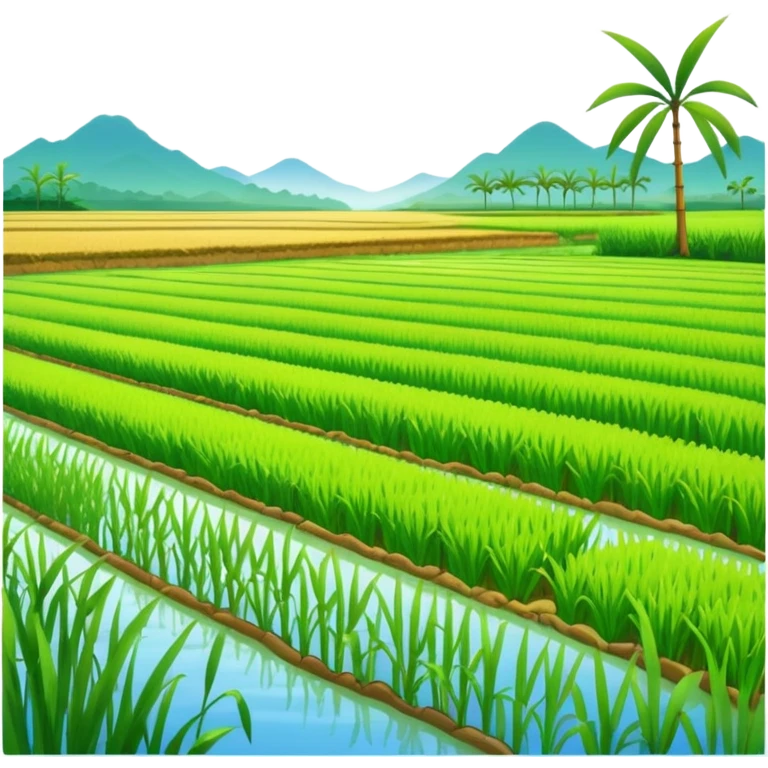 lush rice paddy with young rice plants, vibrant colors, modern emoji style emoji