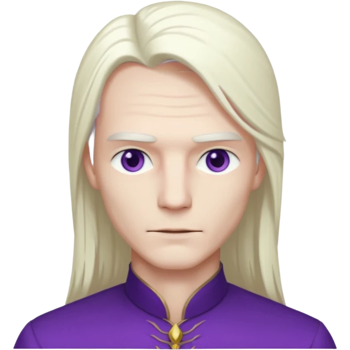 Beyaz uzun ve düz saçları olan,mor göz rengi olan, bembeyaz tenli bir erkek,genç,gözleri hafif çekik ve saçları da teni de bembeyaz olacak,genç olacak,kırışıklığı olmayacak,gözleri çekik ve mor renk olacak,alnında kırışıklık olmayacak,saçı daha beyaz olsun,genç olacak emoji