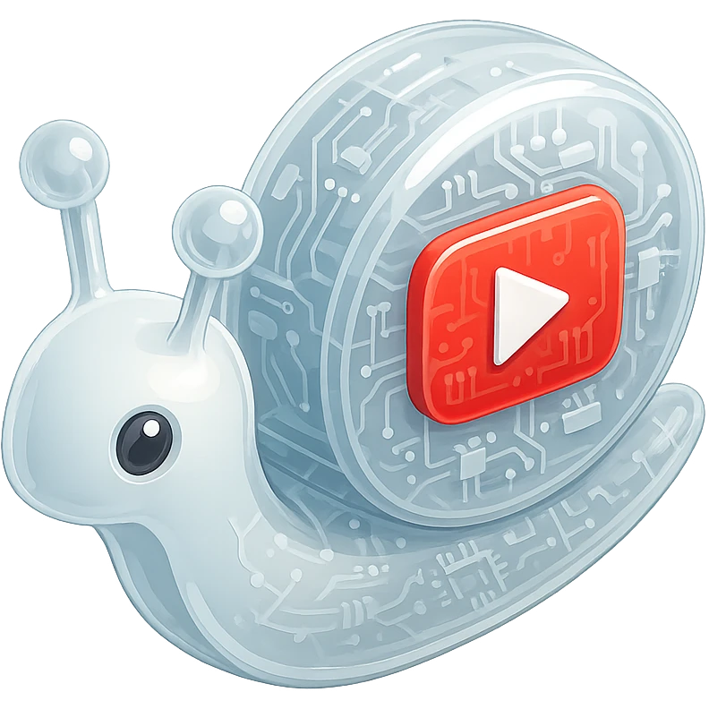 white robot snail with YouTube play button, glossy circuit style emoji