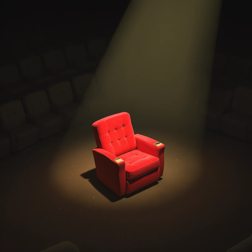 vintage movie theater with beige armchairs and just one red one, in the spotlight. A light focuses on this red armchair, making the entire area around it a little darker. The angle is isometric. Wes Anderson Style. emoji