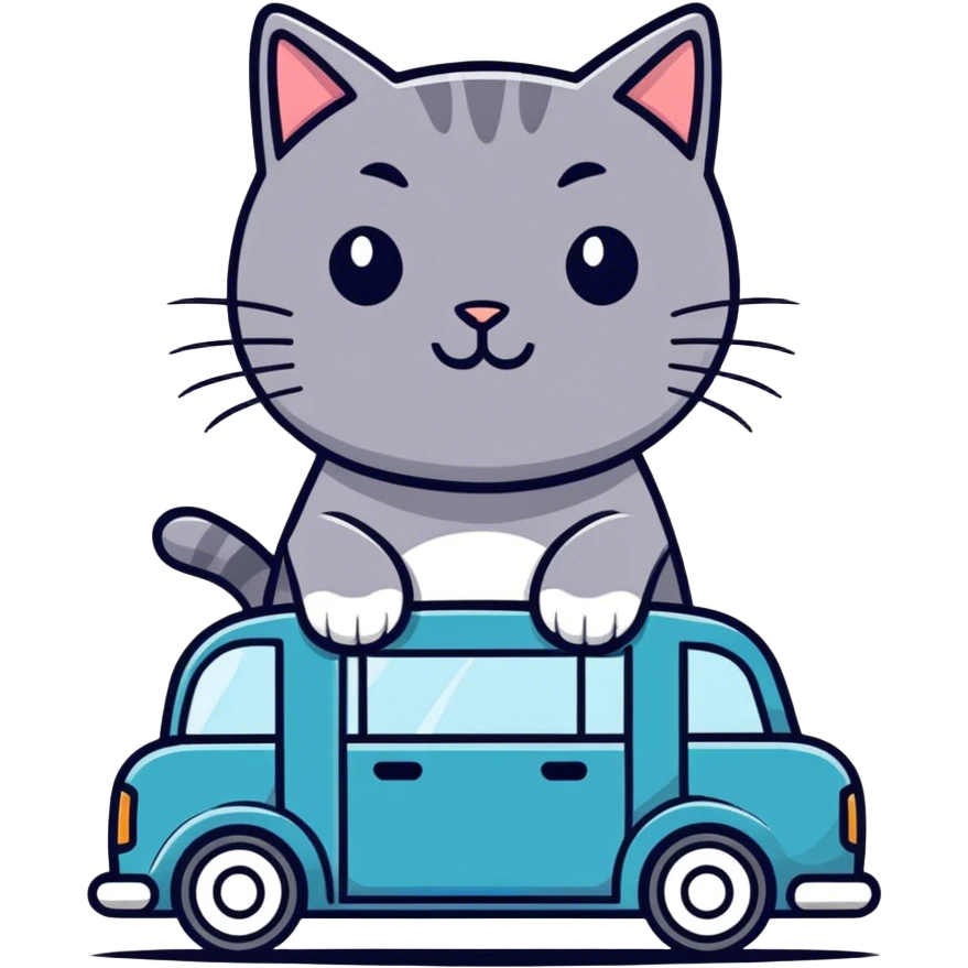 Cat driving on top of a suitcase shaped car with wheels emoji