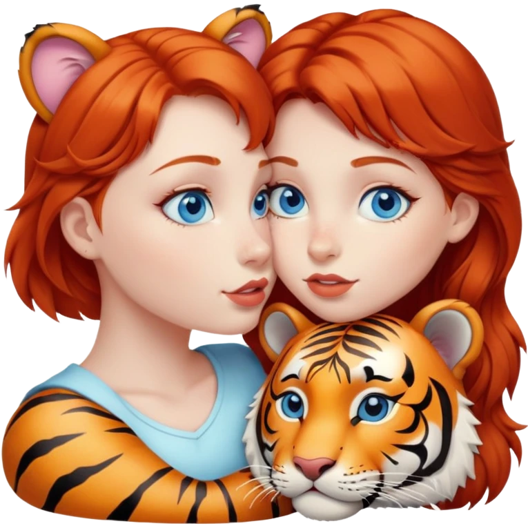 blue-eyed redhead girl kissing tiger emoji