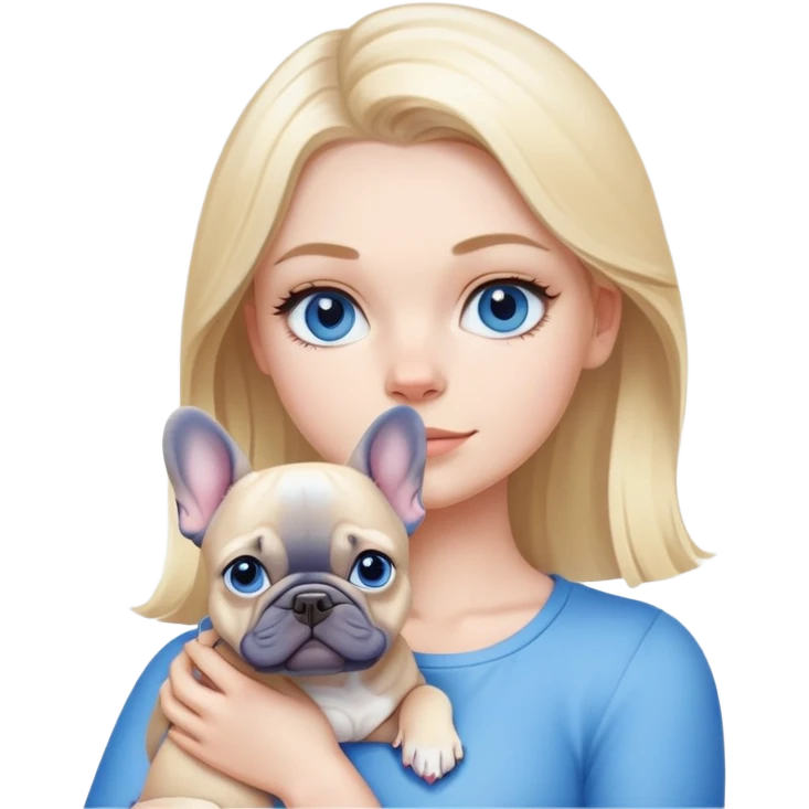 White girl with blond with blue eyes holding a blue French bulldog  emoji