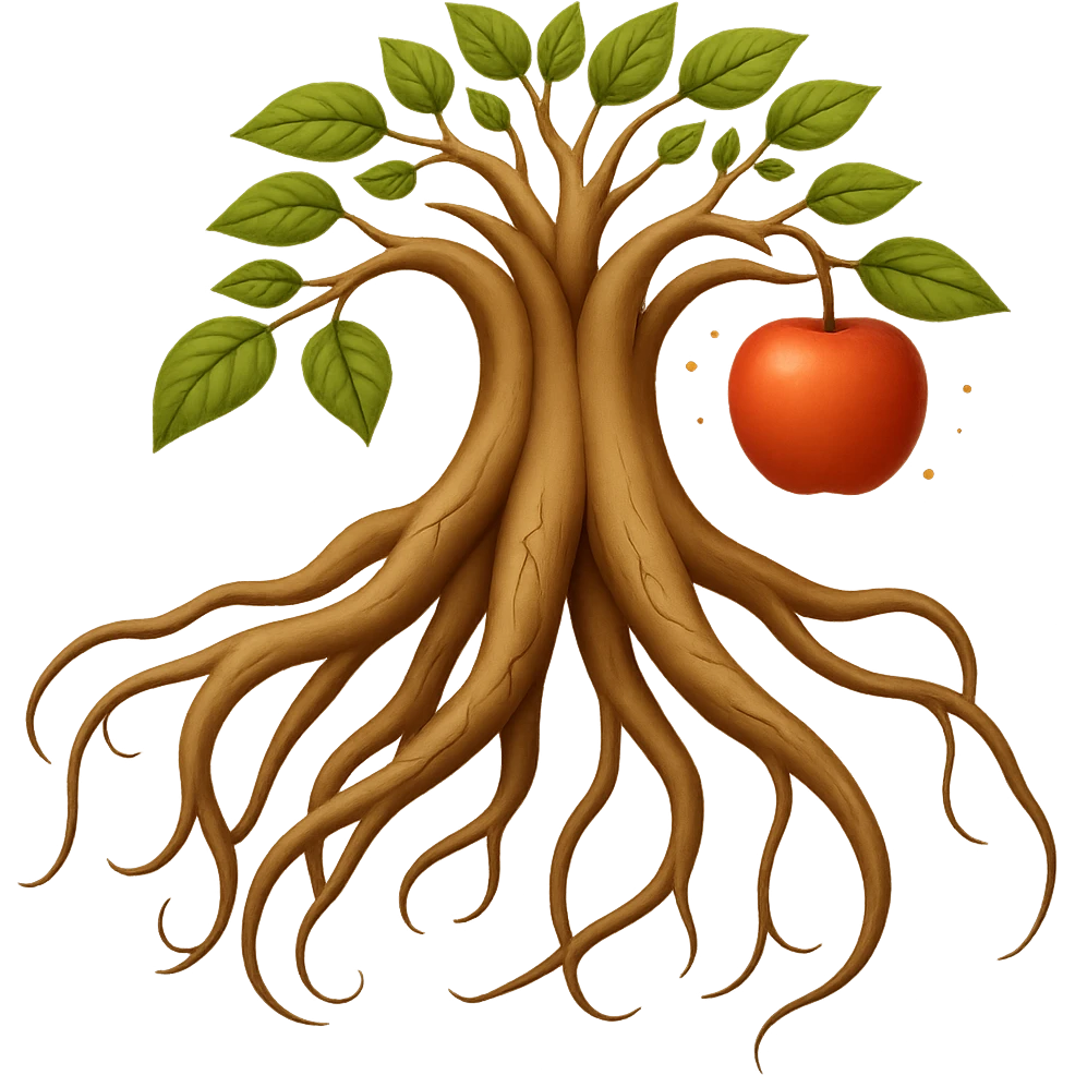 Add one fruit, a sprinkle, and two leaves to the wild ginseng root. Keep the background transparent. Maintain the style of the original image. emoji