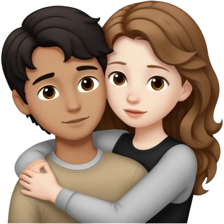 girl with long light brown hair and pale skin hugging a boy with short black wavy hair and tanned skin emoji