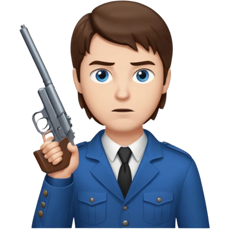 guy w medium long brown hair and blue eyes with gun pointed towards him emoji