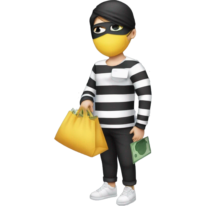 and a long sleeved white and black horizontally striped t-shirt and wearing black eye mask and holding a bag of money in their left shoulder emoji