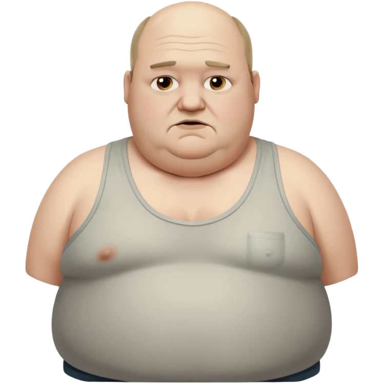 extremely morbidly obese middle aged white man in wifebeater with  dirty appearance. His hair is balding and grey and greasy emoji