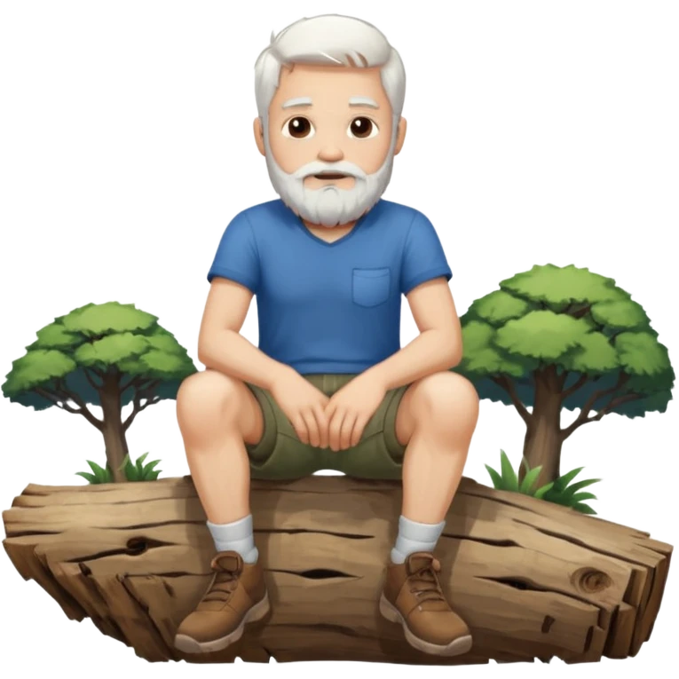 A white haired man with a beard sitting on a piece of wood wearing shorts emoji