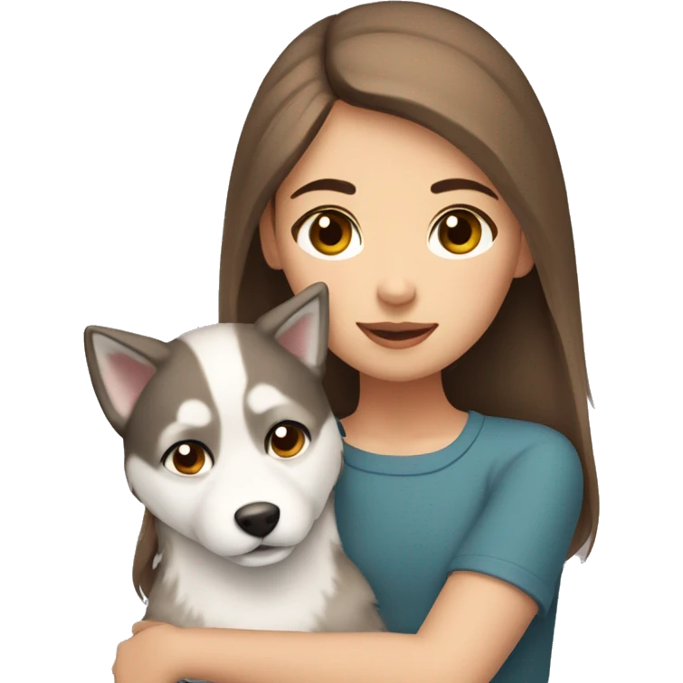 white brown hair girl with brown eyes cuddling a husky dog emoji