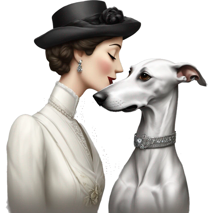 Two aristocrat dog black and white galgo kiss with women  emoji