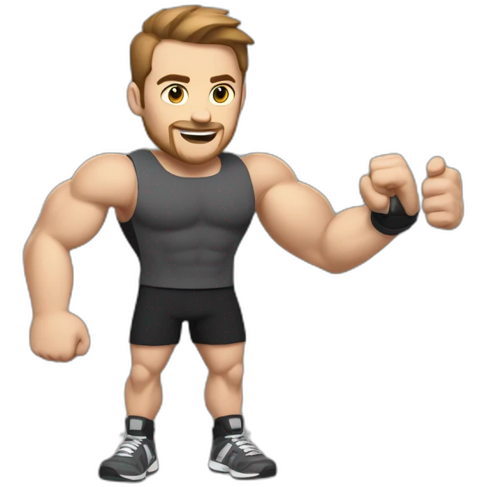 Close up Actively gesturing  with hands Pale skinned Fit Man With the biceps and brown hair in dark gray Sleeveless Mike, black oversize sports shorts, watch and white Sneakers emoji