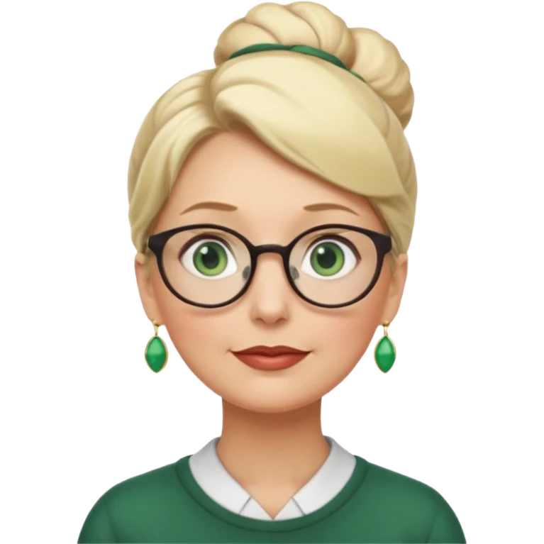 older teacher with blonde bun green eyes looking up and left and glasses full lips emoji